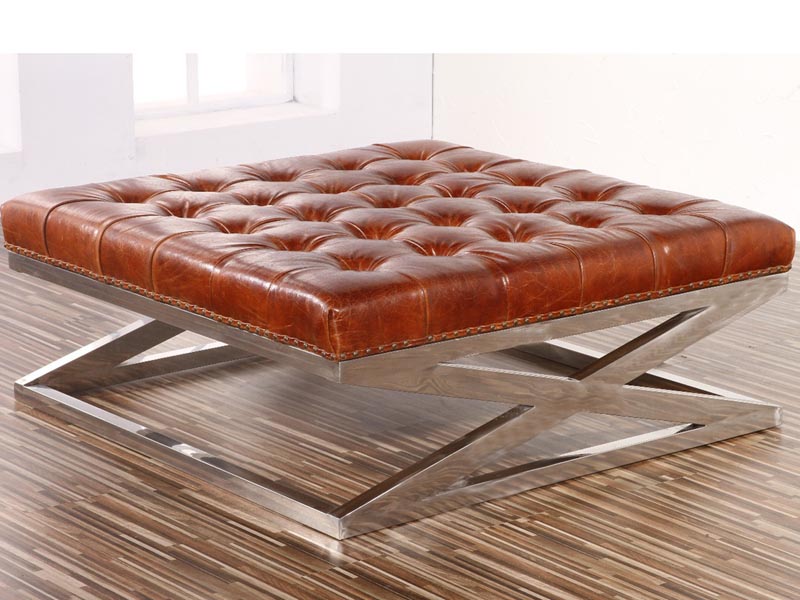 X Base Vintage Leather and Metal Ottoman