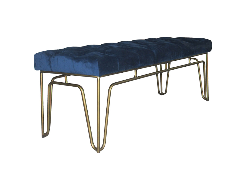 High-End Blue Rectangle Velvet Bench With Bronze Color Leg For Leisure Room