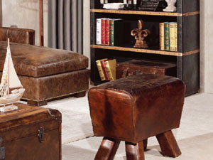 Wood Leg Vintage Leather Stool