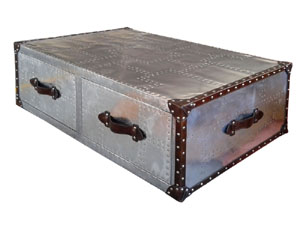 Aviator Leather Steamer Coffee Table with Vintage Drawers