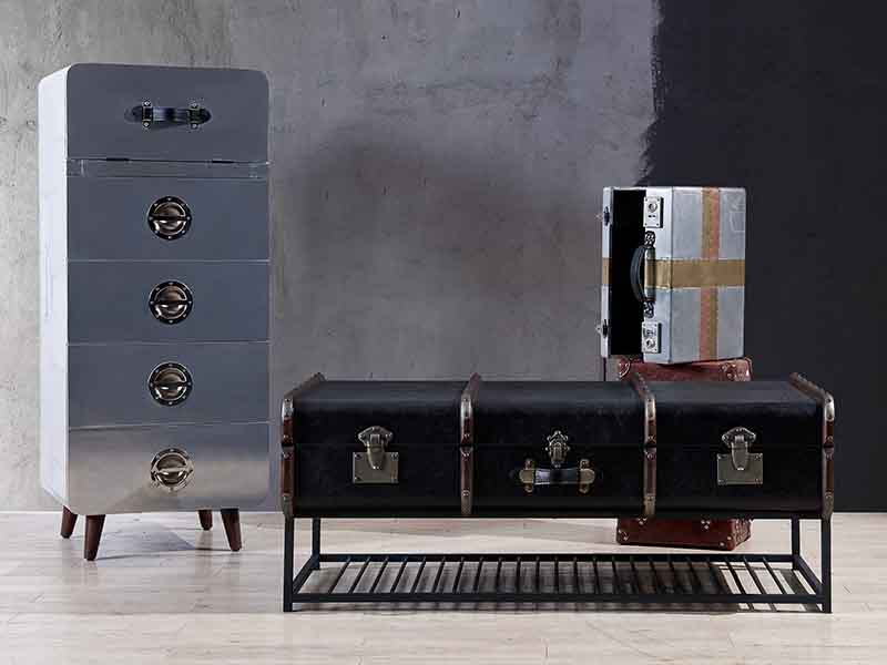 Black Canvas Coffee Table with Rattan 