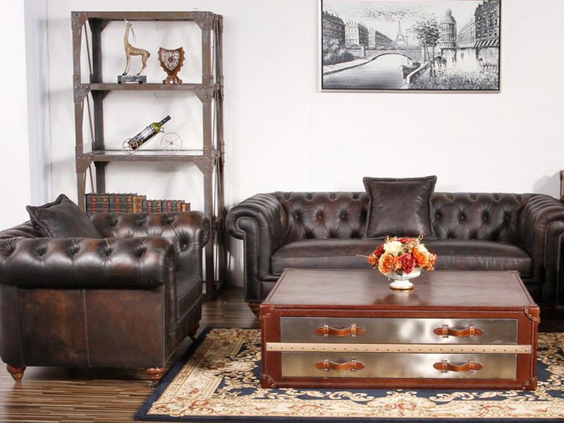 Metal and Vintage Leather Top Coffee Table