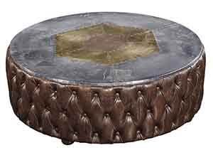 Round Coffee Table in Vintage Leather and Aluminium Top