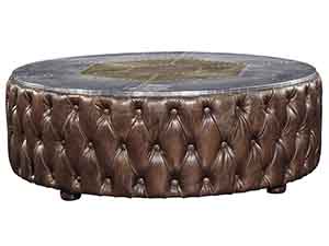 Round Coffee Table in Vintage Leather and Aluminium Top