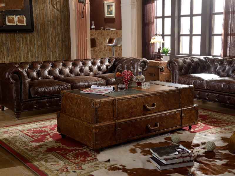 Vintage Leather Coffee Table with Wheels