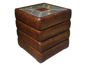 Vintage Leather Side Table with Riveted Metal Top