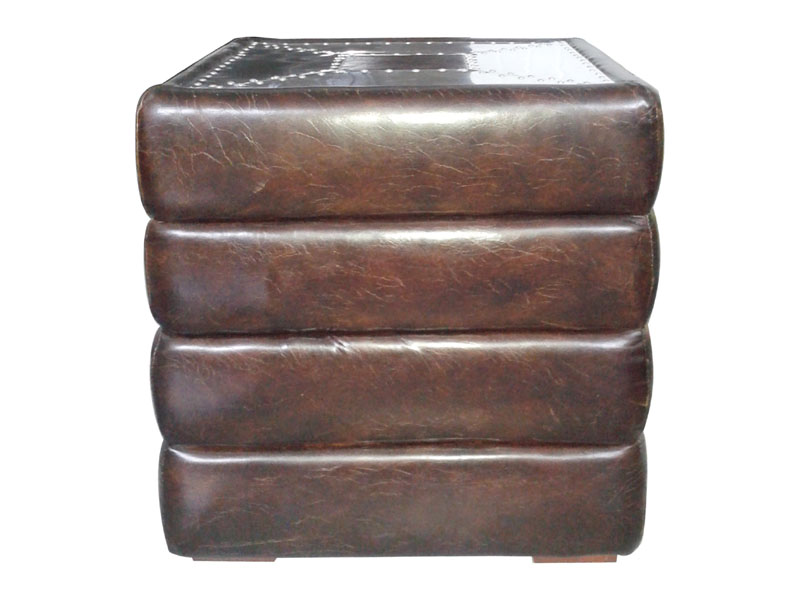 Vintage Leather Side Table with Riveted Metal Top