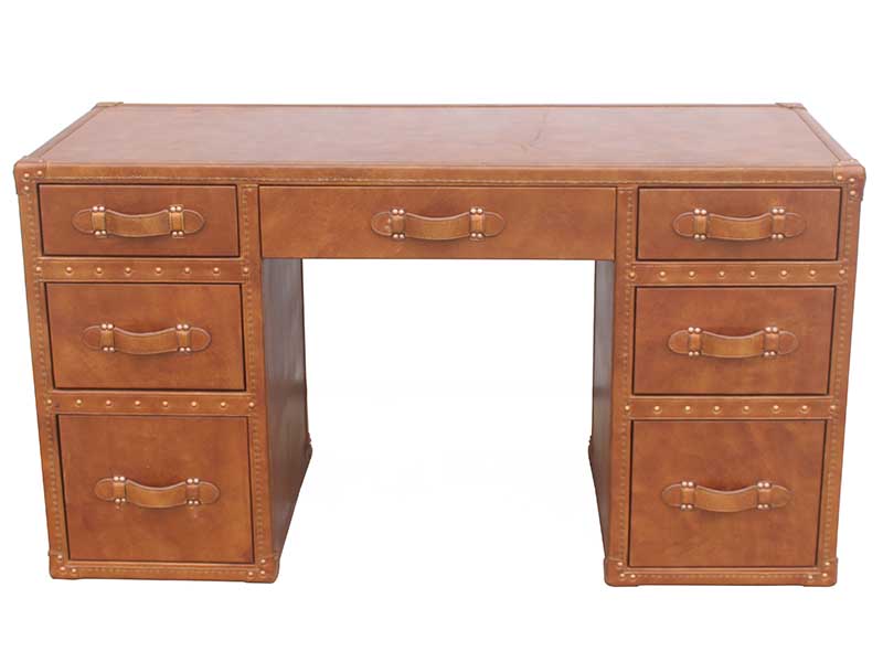 Vintage Leather Office Table with Drawers