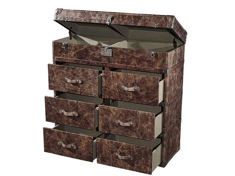 Antique Leather 6 Drawers Chest Trunk